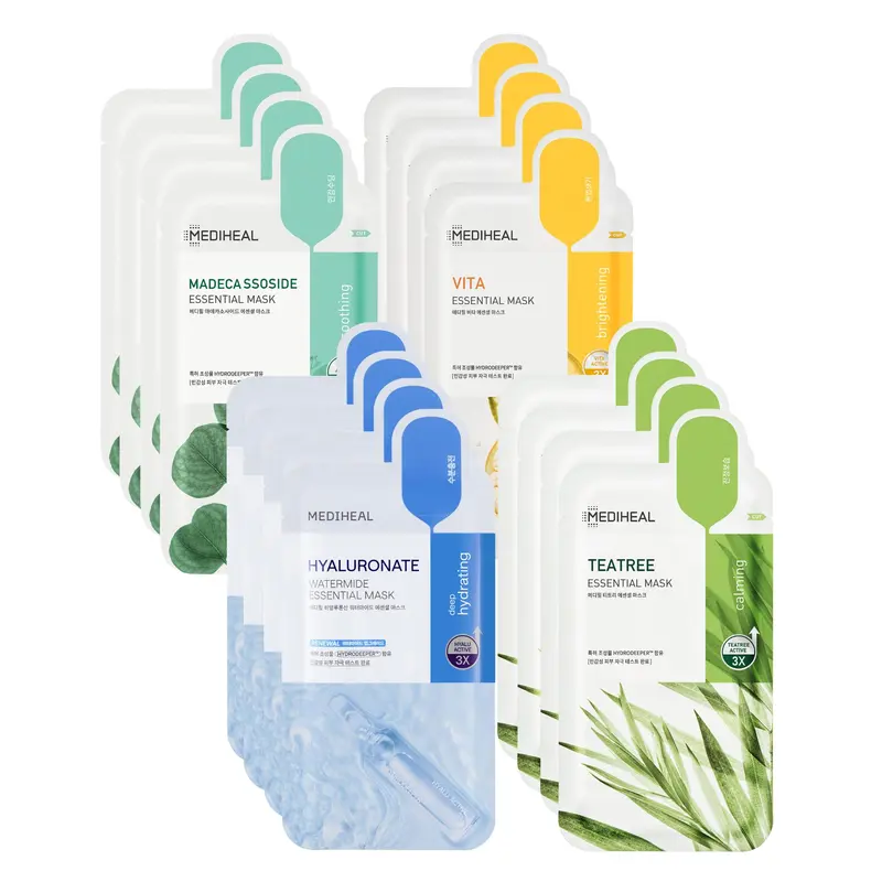 Mediheal Essential HERO – 16 masques en feuille (acide hyaluronique, arbre à thé, Madecassoside, Vita) | Coffret soin coréen