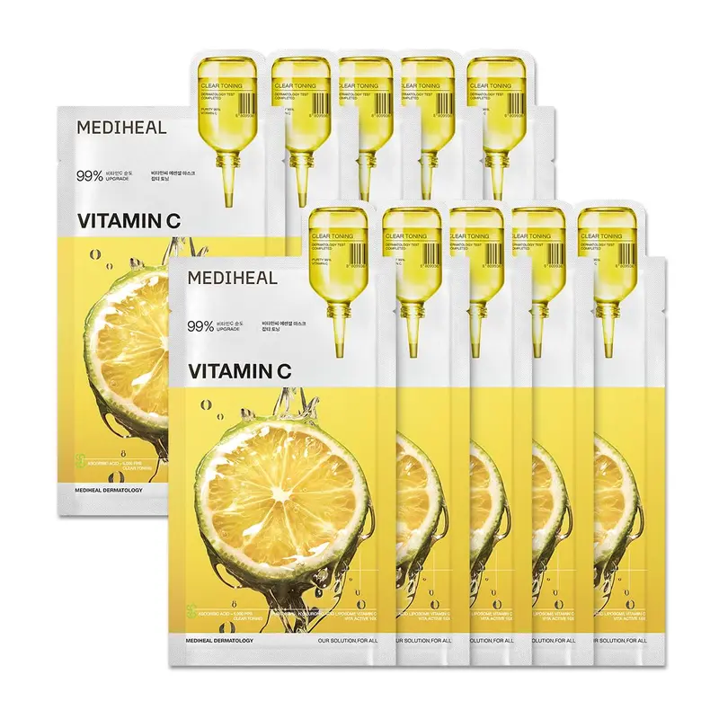 Mediheal Masque Feuille Vitamin C Essential – Tonifiant et Clarifiant (10 pièces) | 99% Vitamine C Pure et 10 Vita Actives