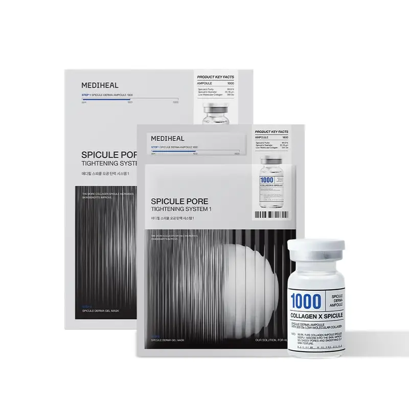 Mediheal Sérum Spicule Collagène 1000ppm – Soin des pores et texture (2 étapes) – Ampoule + Masque Gel, ensemble 4 pièces