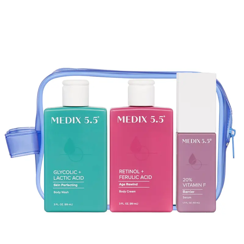 MEDIX 5.5 Kit Voyage Meilleures Ventes – Soin Corps 3 Pièces (Retinol, Glycolique, Vitamin F)