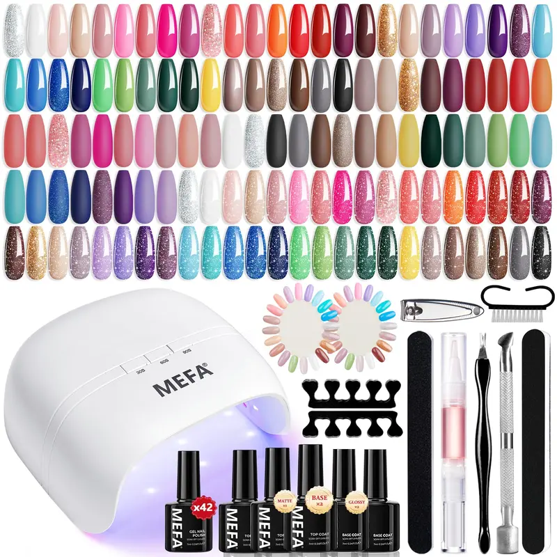 MEFA Kit Vernis Gel 42 Couleurs avec Lampe UV – 50 Pièces, Bases et Couches de Finition