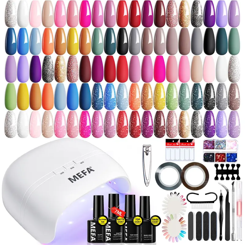 MEFA Kit Vernis Gel avec Lampe UV – 32 Couleurs, 60 Pièces, Base et Top Mat/Brillant