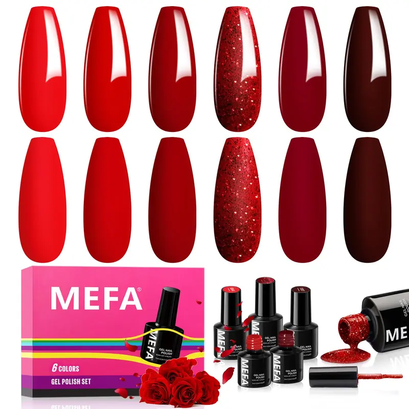 MEFA Vernis Gel Rouge – Kit 6 Couleurs avec Paillettes Bordeaux, Manucure à Domicile
