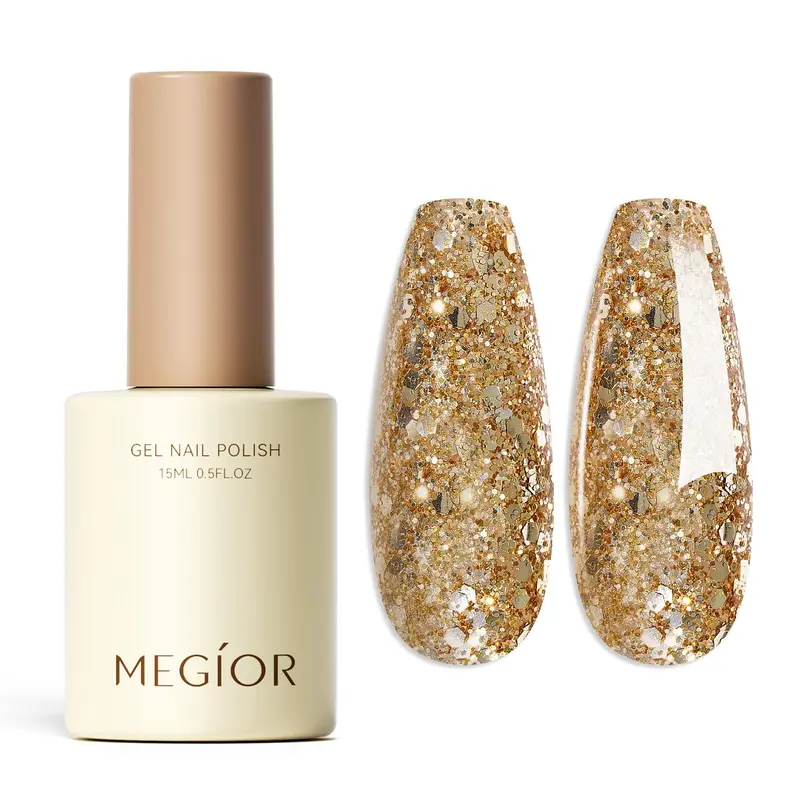 MEGIOR Vernis Gel Or Pailleté 15 ml — Brillant UV LED, Application Facile, Tenue Prolongée