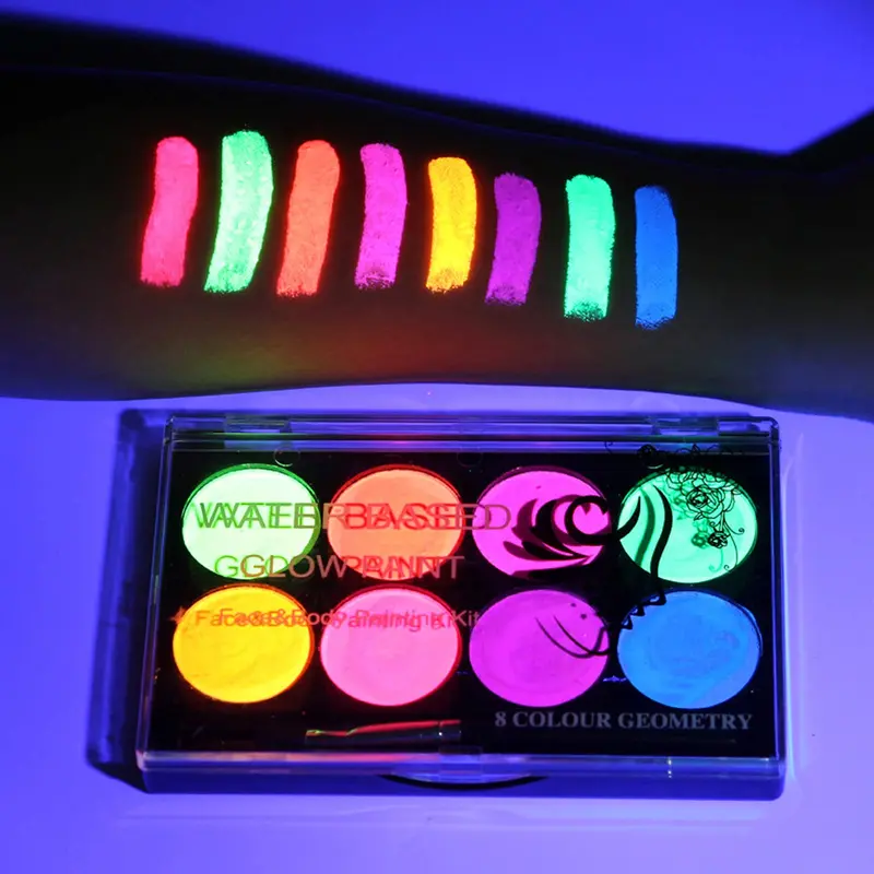 MEICOLY Maquillage Néon Visage et Corps — Palette UV, 8 Couleurs Fluorescentes, Lavable à l'Eau