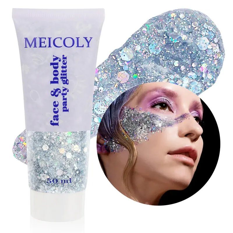 MEICOLY Paillettes Argentées – Gel Adhésif pour Visage et Corps, Maquillage Festif