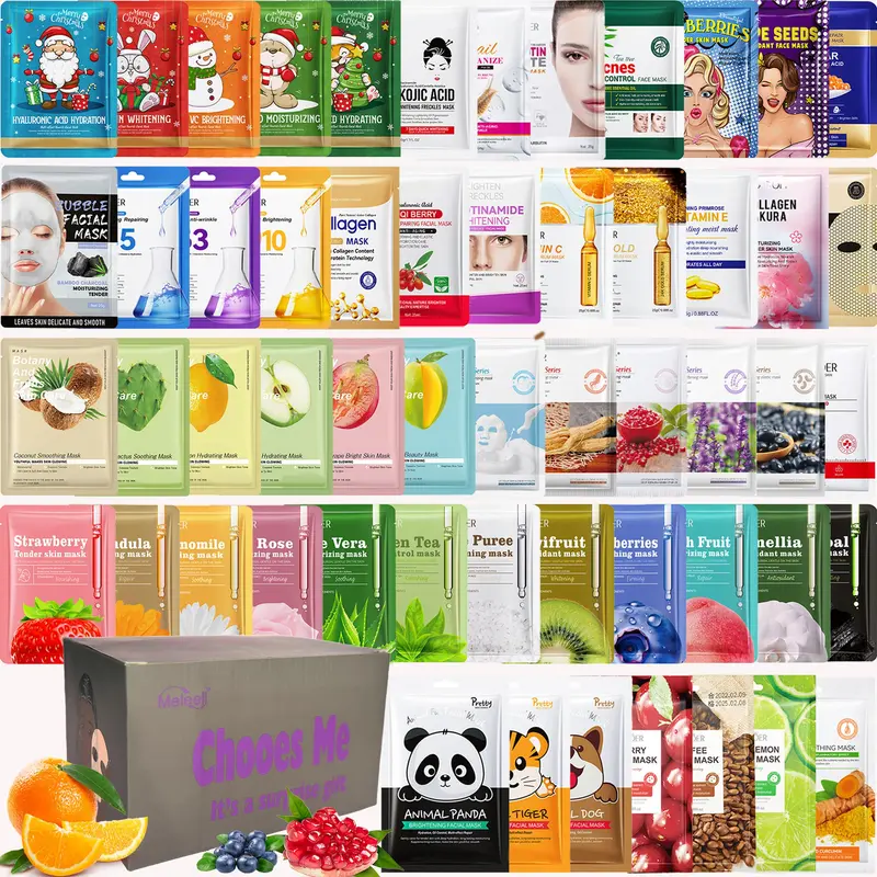 Meleell 55 masques visage en feuilles – coffret varié et hypoallergénique