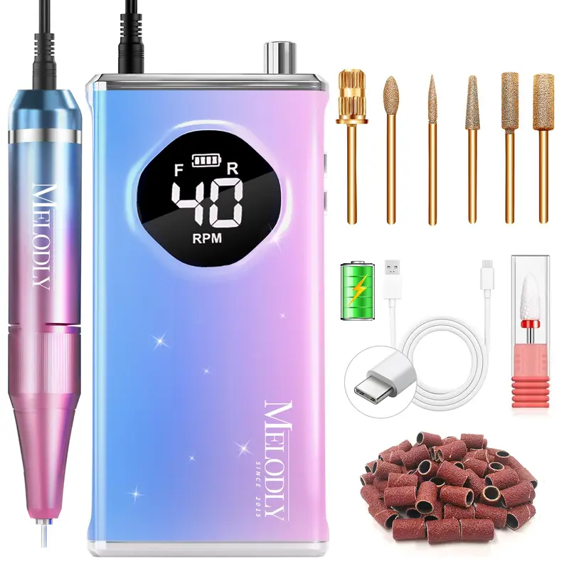 Melodly Fichier Électrique pour Ongles – 40 000 RPM, Kit Pro Sans Fil Acrylique et Gel