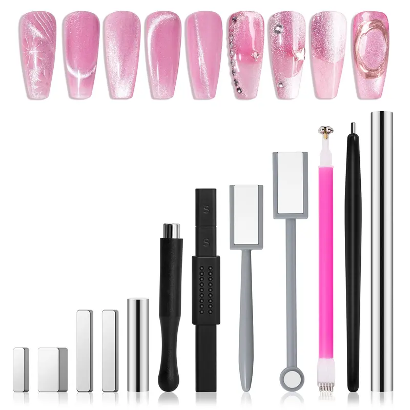 MelodySusie Ensemble d’aimants pour ongles – 12 pièces, aimants œil-de-chat, formes carrées et rondes