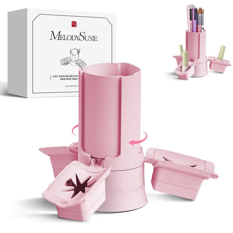 MelodySusie GelCarousel – Porte-bouteilles vernis et Organisateur d’Outils Ongles, Rotation 360°, 3 Supports en Silicone Amovibles, Rose (Boîte uniquement)