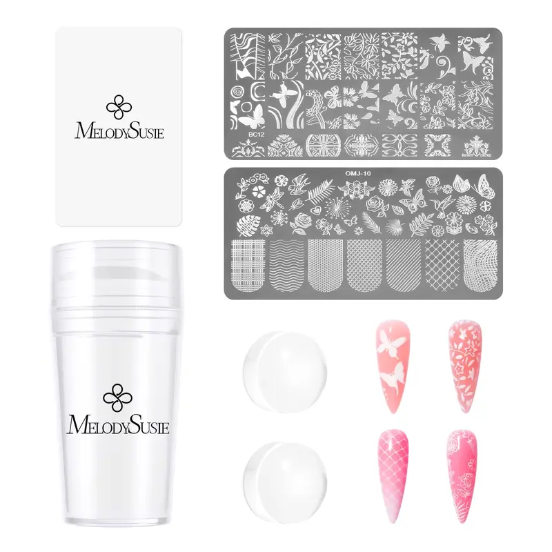 MelodySusie Kit d’empreintes Ongles – Stamper silicone, plaques & têtes remplaçables