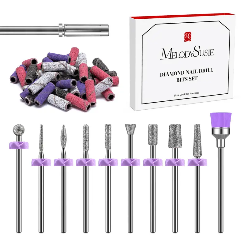 MelodySusie – Mèches diamant pour ongles 10 pièces + 40 bandes de ponçage, mandrin 3,1 mm
