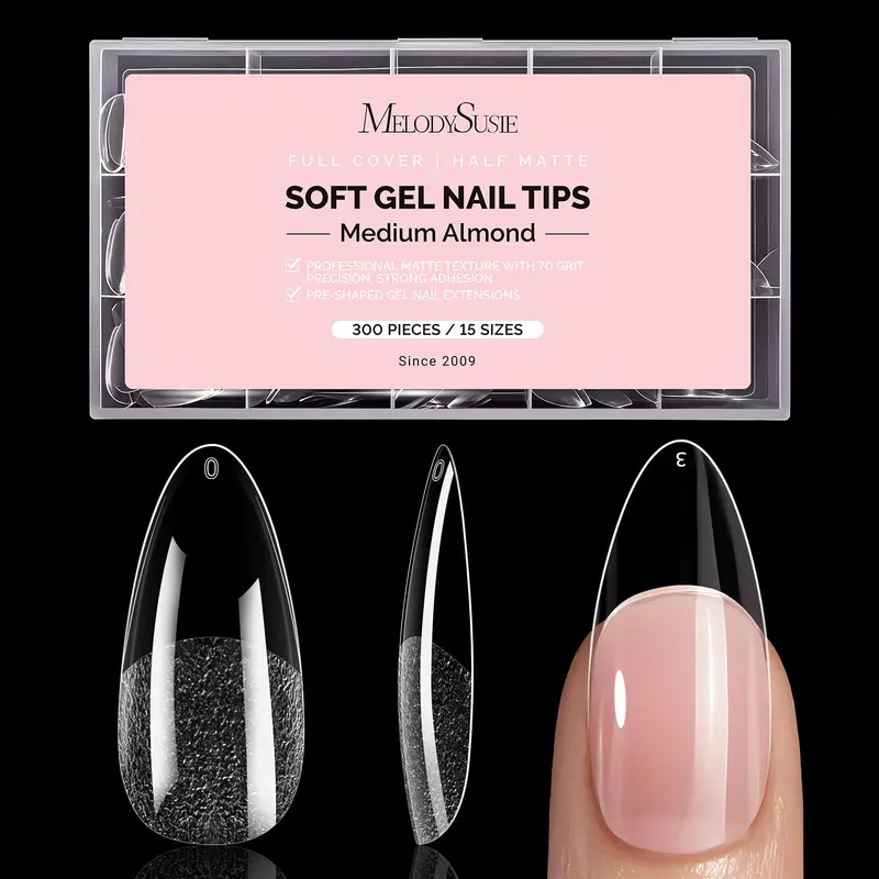 MelodySusie Tips Ongles Amande Moyenne X – 300 Pièces, 15 Tailles, Clair, Demi-Mate, Pré-étagés pour DIY et Salon