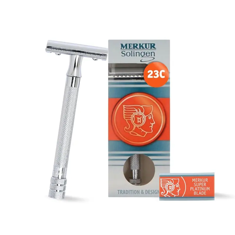 MERKUR 23C Rasoir de sûreté à double-tranchant - Manche longue et nervurée en laiton, chrome poli, fabriqué en Allemagne