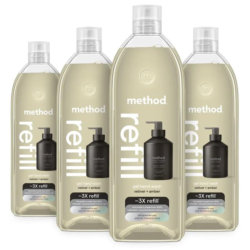 Method Premium Gel Mains Recharge Ambre & Vetiver – Bouteilles Recyclables, Pack 4