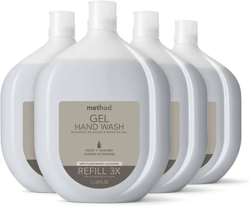 Method Recharge Premium Gel Savon pour les Mains Violet Lavande – Bouteille Recyclable, Lot de 4 (34 oz chacun)