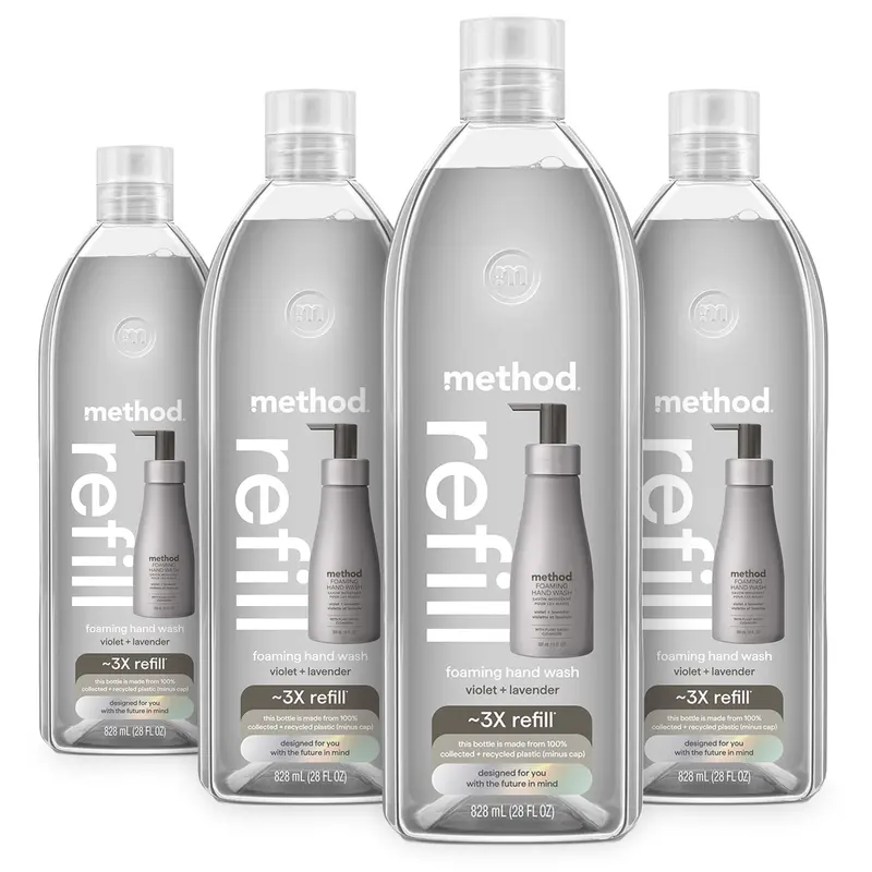 Method Recharge Savon Main Moussant Violet + Lavande — Lot de 4 Bouteilles de 28 onces (Conditionnement Variable)
