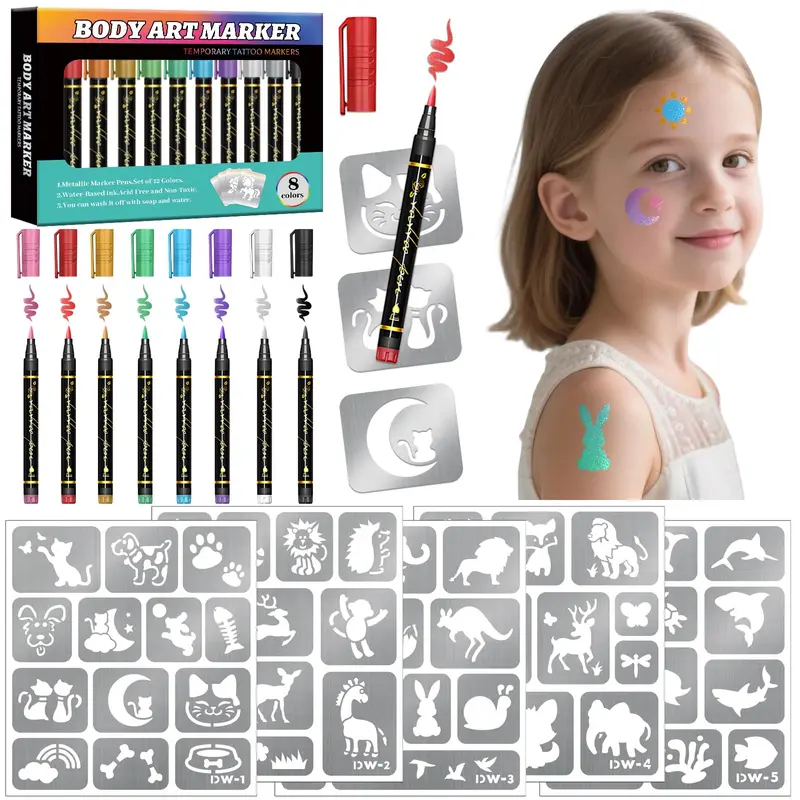 Metuu — Marqueurs tatouage métalliques (8) et gabarits (135+) pour fêtes