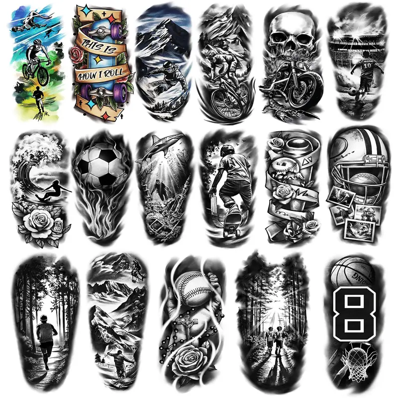 Metuu Tatouages Temporaires Sport – 77 Feuilles Noires, Réalistes et Étanches pour Adultes et Ados