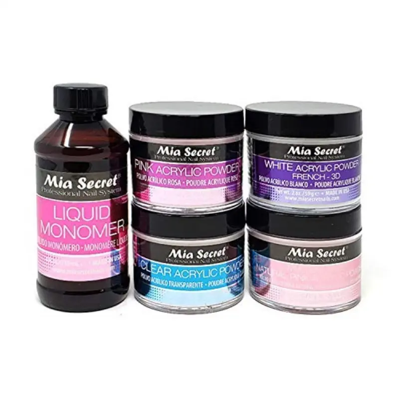 MIA SECRET – Lot Monomère Liquide 4 oz + Poudres Acryliques Rose, Claire, Blanche et Multibalance Rose Naturel 2 oz