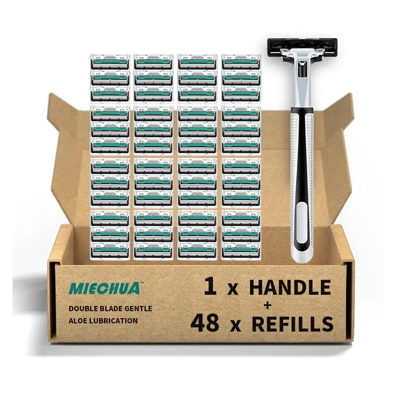 miechua Rasoir pour homme – Lames doubles, 1 poignée et 48 cartouches remplaçables avec bande lubrifiante – Compatible Atra
