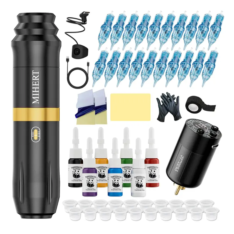 MIHERT Kit Tatouage Sans Fil – Machine Rotative, Batterie 1500mAh, 7 Encres, 20 Aiguilles (Doré)