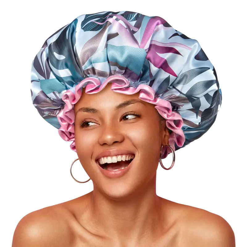 mikimini Grand Capuchon de Douche pour Femme – Étanche et Réutilisable, Style Tropical et Ajustement Élastique