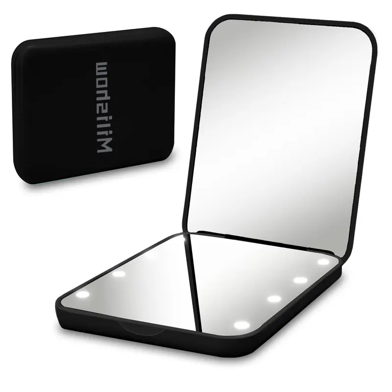Milishow Miroir de Poche Compact 1x/3x avec Lumière LED — Miroir pliant à double face, Petit et Léger, Noir, 1 unité