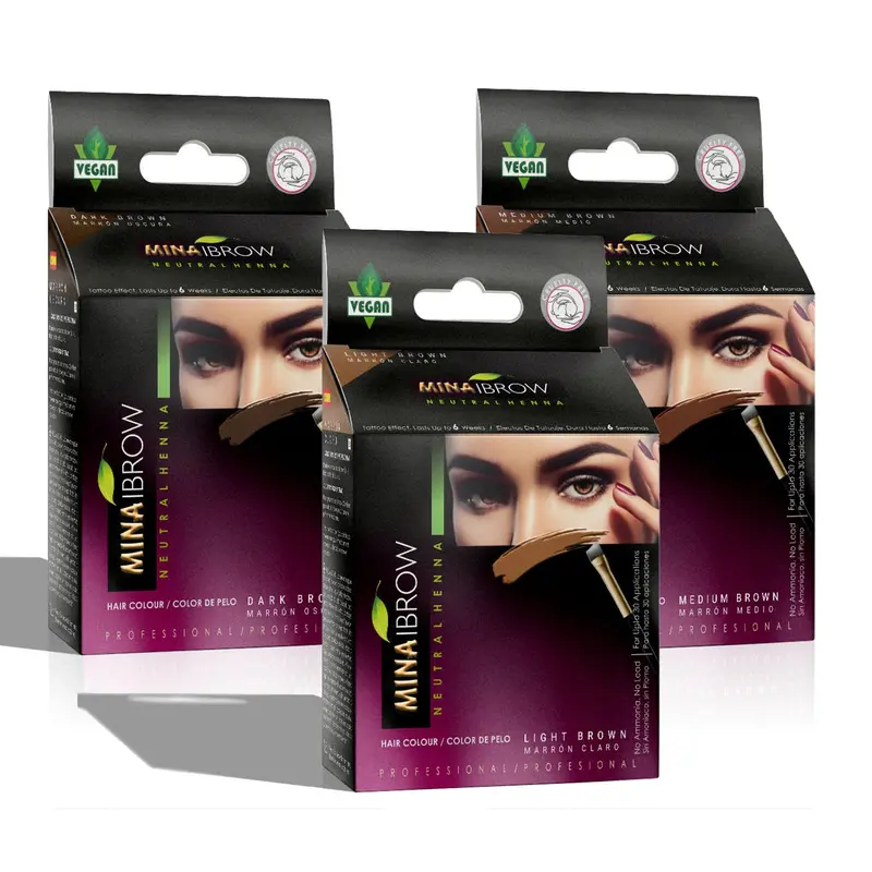 MinaiBrow Kit Teinture Sourcils – Poudre Colorante Naturelle Sans Ammoniaque (Teintes Foncé, Clair & Médium)