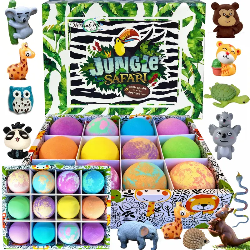Mineral Me California – Boules de bain pour enfants avec surprise (12 boules colorées + jouets animaux jungle)