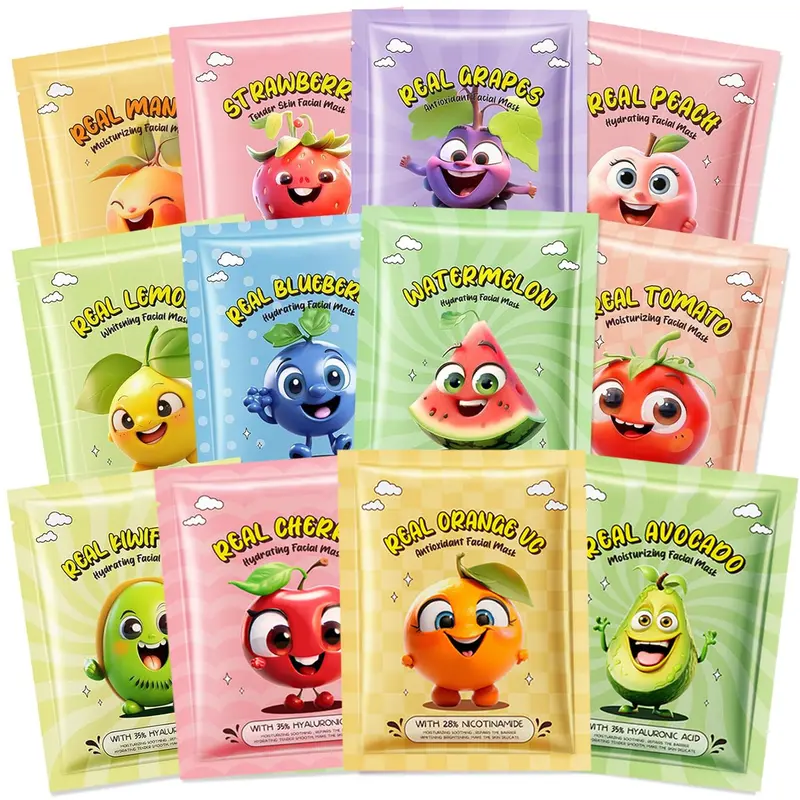 Minfei – Lot de 12 Masques Visage Fruits pour Enfants | Hydratation et Douceur