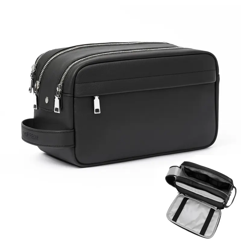 MIRASON Sac de toilette voyage pour homme en cuir noir – Trousse étanche et organisée