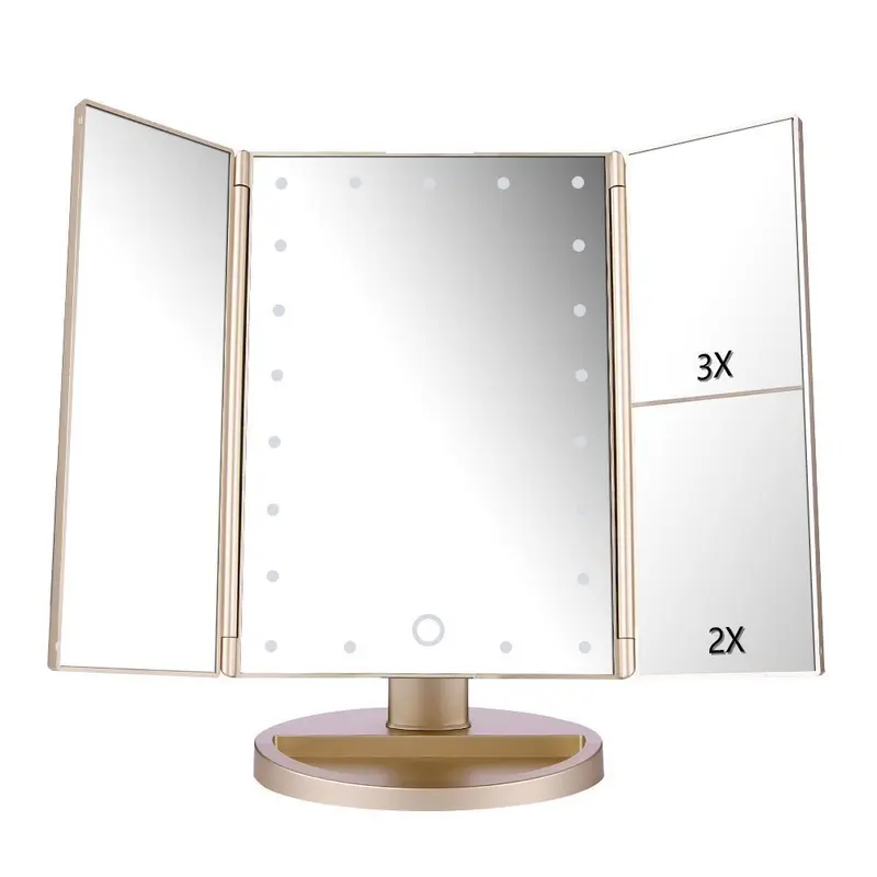 Miroir de Maquillage Deweisn Tri-Fold Éclairé – 21 DEL, Écran Tactile, 3×/2×/1×, Deux Modes d'Alimentation