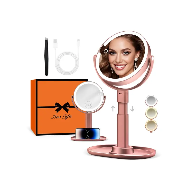 Miroir de maquillage lumineux B Beauty Planet – 30X, 3 modes, rotation 360°, Rose Gold