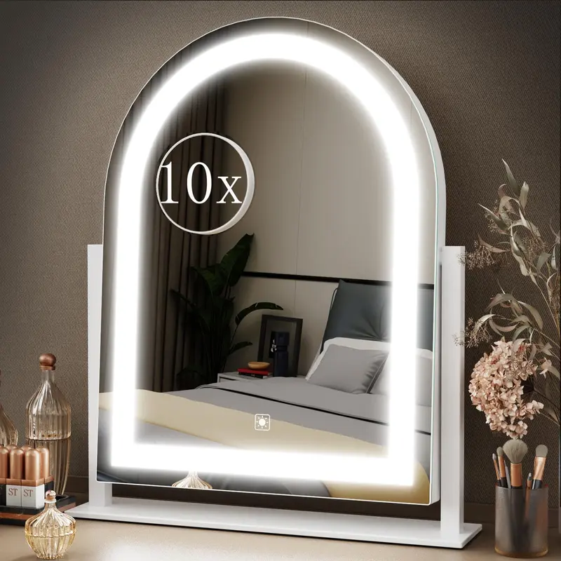 Miroir de maquillage lumineux Gvnkvn – Vanity Hollywood avec éclairage, 3 couleurs, loupe démontable 10x, contrôle tactile, rotation 360°, blanc (15,2 pouces)