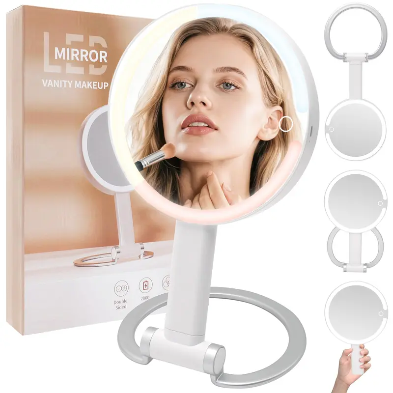Miroir de maquillage portable SANYCASA avec lumière – 3 températures, rotation 360°, double-face 1X/10X