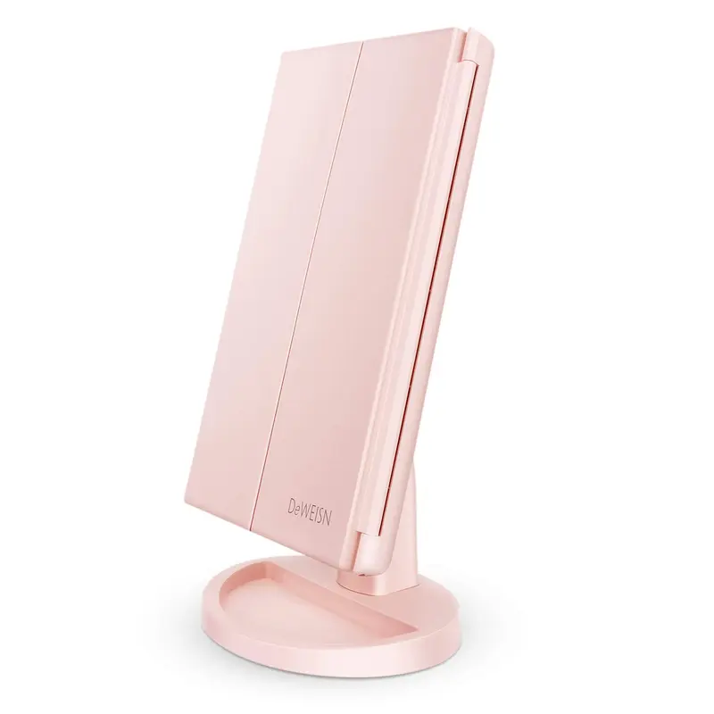 Miroir de Maquillage Tri-Fold Deweisn – 21 LED, Écran Tactile, Grossissements 3X/2X/1X, Alimentation Double