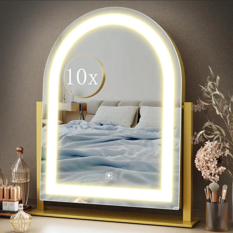 Miroir de vanité Gvnkvn avec éclairage LED – miroir maquillage 15,2 pouces, loupe 10x amovible, contrôle tactile, 3 modes lumineux, rotation 360°