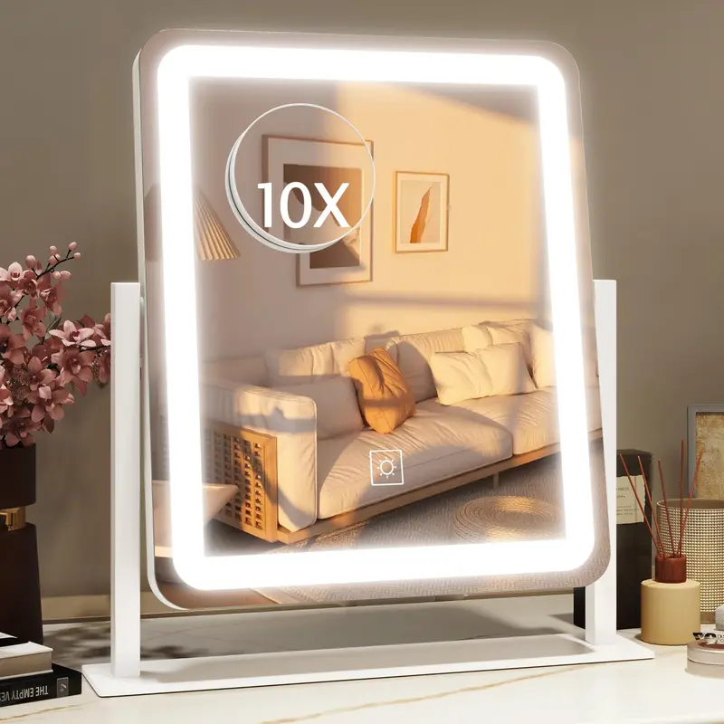 Miroir de vanité HNV avec lumière – Grand miroir 15x13 pouces, LED 3 teintes, rotation 360°, USB (Blanc)