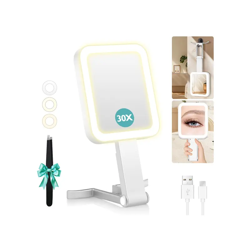 Miroir de voyage agrandi B Beauty Planet – 1X/30X, éclairage 3 couleurs, réglable, portable et pliable