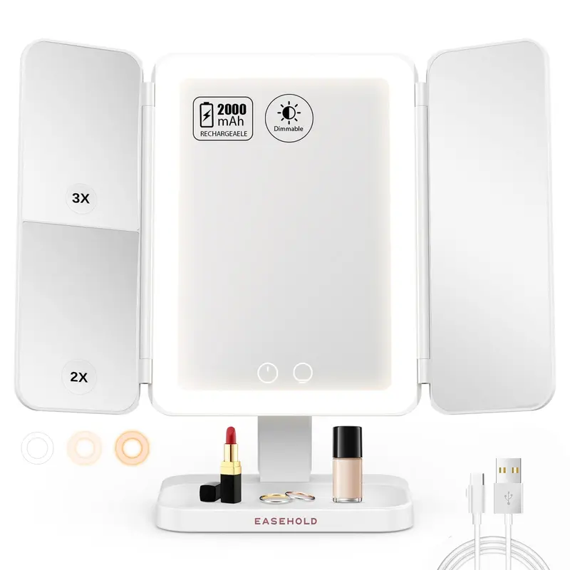 Miroir éclairé EASEHOLD – Grossissement 3x, 3 couleurs, Rechargeable