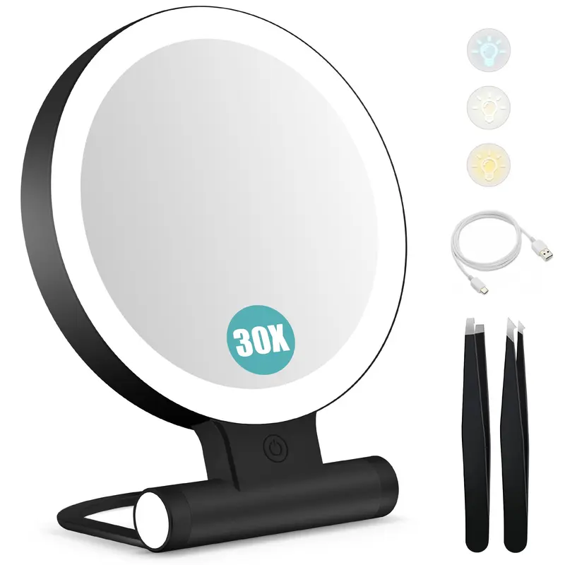 Miroir grossissant avec lumière 30X B Beauty Planet — double-face 1X/30X, 2000mAh, 3 modes lumineux et luminosité ajustable, miroir de voyage pliable (Noir)