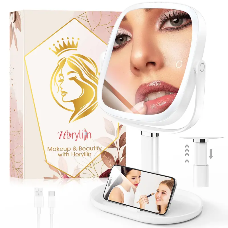 Miroir Maquillage Horyliin 10x/1x avec Lumière – Rechargeable, 3 Couleurs, 360°