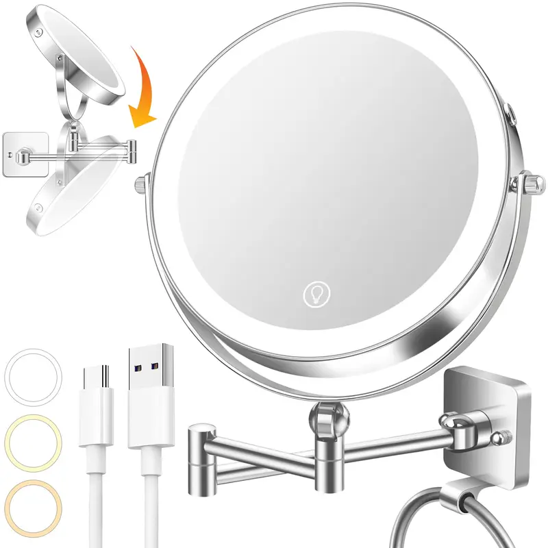 Miroir Mural de Maquillage UBYMET – 10x, Hauteur Réglable, Éclairage 3 Couleurs