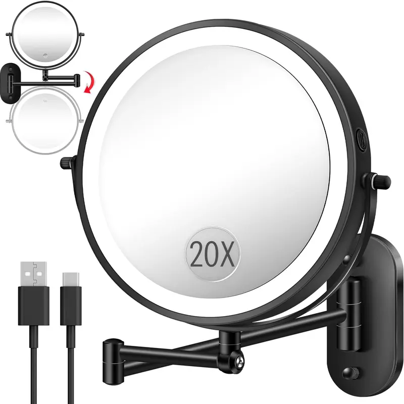 Miroir mural de maquillage VPU 9 pouces — Double face 1X/20X, lumière, bras extensible