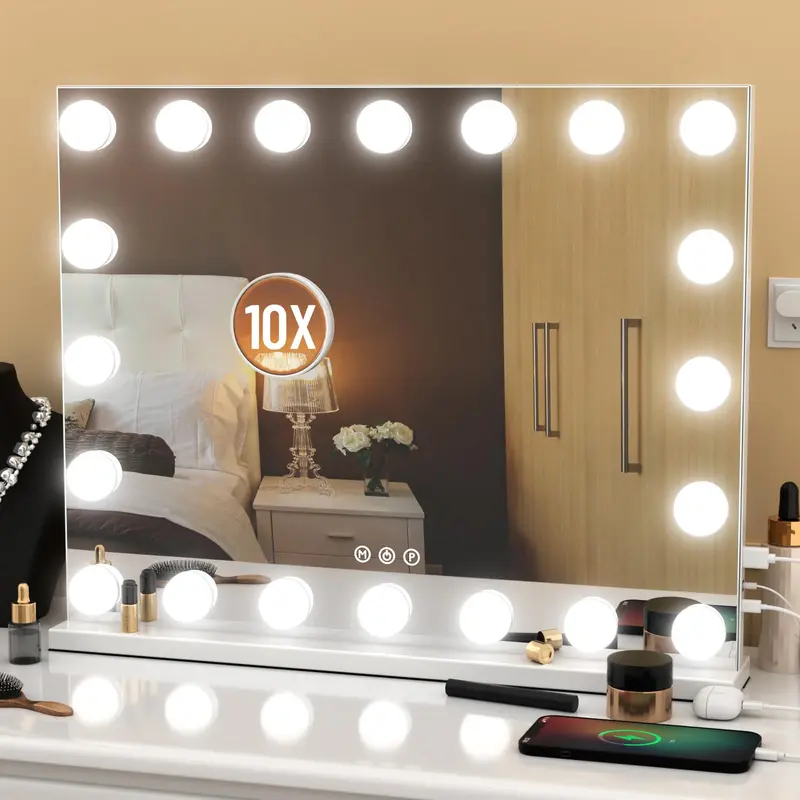Miroir Vanité AJJSSA avec Lumières 23x18, Magnification 10x, 20 DEL, USB-C, Cadre Métal Blanc