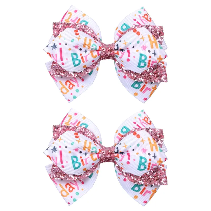 Miroksh – Lot de 2 barrettes noeud ruban anniversaire rose pailleté – pinces alligator 4 pouces