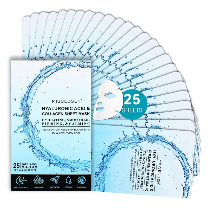 MISSEDSEN Masque Visage Collagène – Acide Hyaluronique & Vitamine E, Hydratation & Éclat, 25 pièces