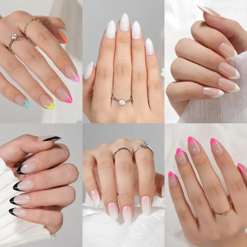 Misssix – 6 Packs Ongles à pression en forme amande, bord français court, colle réutilisable, gel faux ongles, kit adhésif, 15 tailles, 6 styles