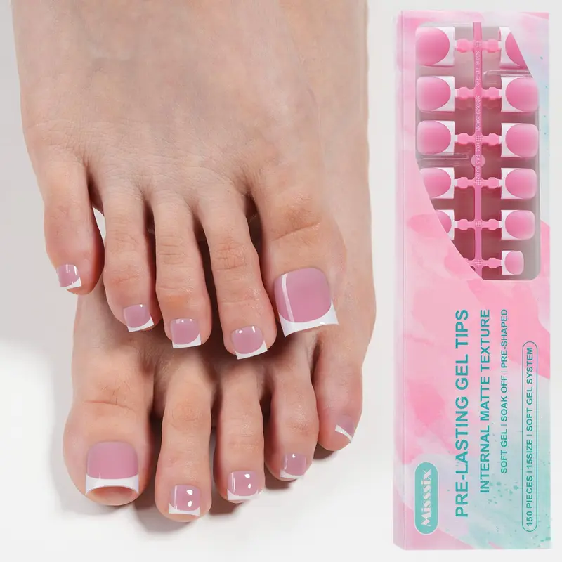 Misssix Ongles pour Orteils Courts — 150 Pièces, Bords Blancs Rose, Carré Gel Souple, 15 Tailles